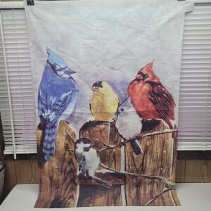 Winter Garden Birds on Fence House Flag 40" X 29" 2 Sided Finch Cardinal Blue J